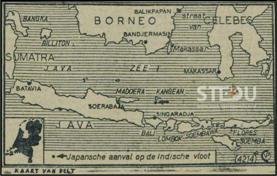 Peta lokasi titik serangan udara Angkatan Laut Jepang di Perairan Kangean dalam surat Kabar Algemeen Handelsblad